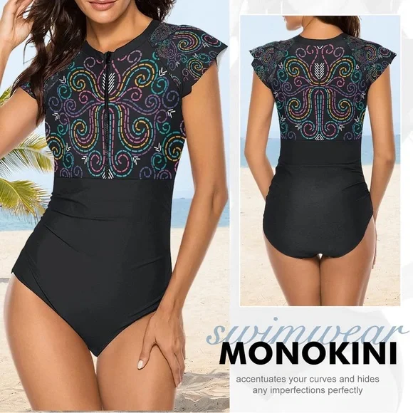 Women's Short Sleeve One Piece Rash Guard Swimsuit Zip Front UPF50+ Surfing L - Picture 4 of 4